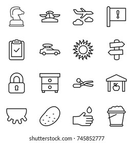 thin line icon set : chess horse, scales, journey, important flag, clipboard check, car baggage, sun, signpost, locked, nightstand, scissors, warehouse, udder, potato, hand drop, foam bucket