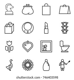 thin line icon set : chess horse, purse, shopping bag, necklace, lipstick, traffic light, perishable, heart pendant, flower in window, toilet, goose, cleanser, woman with duster