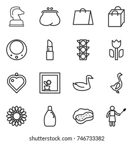thin line icon set : chess horse, purse, shopping bag, necklace, lipstick, traffic light, perishable, heart pendant, flower in window, goose, cleanser, sponge with foam, woman duster