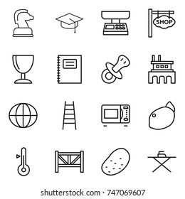 thin line icon set : chess horse, graduate hat, market scales, shop signboard, wineglass, copybook, nipple, factory, globe, stairs, microwave oven, lemon, thermometer, farm fence, potato, iron board
