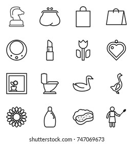 thin line icon set : chess horse, purse, shopping bag, necklace, lipstick, perishable, heart pendant, flower in window, toilet, goose, cleanser, sponge with foam, woman duster