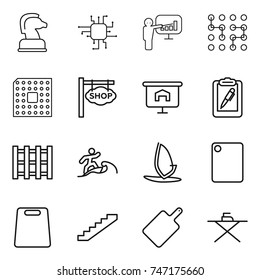 thin line icon set : chess horse, chip, presentation, cpu, shop signboard, clipboard pen, pallet, surfer, windsurfing, cutting board, stairs, iron