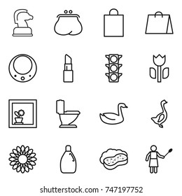 thin line icon set : chess horse, purse, shopping bag, necklace, lipstick, traffic light, perishable, flower in window, toilet, goose, cleanser, sponge with foam, woman duster