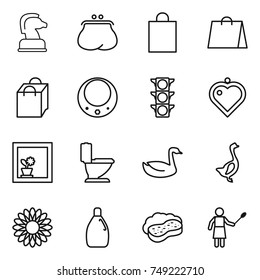 thin line icon set : chess horse, purse, shopping bag, necklace, traffic light, heart pendant, flower in window, toilet, goose, cleanser, sponge with foam, woman duster