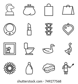 thin line icon set : chess horse, purse, shopping bag, necklace, lipstick, traffic light, heart pendant, flower in window, toilet, goose, cleanser, sponge with foam, woman duster