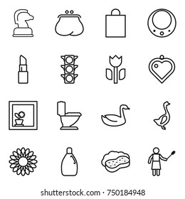 thin line icon set : chess horse, purse, shopping bag, necklace, lipstick, traffic light, perishable, heart pendant, flower in window, toilet, goose, cleanser, sponge with foam, woman duster