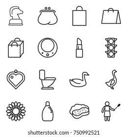 thin line icon set : chess horse, purse, shopping bag, necklace, lipstick, traffic light, heart pendant, toilet, goose, flower, cleanser, sponge with foam, woman duster