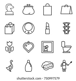 thin line icon set : chess horse, purse, shopping bag, necklace, lipstick, traffic light, perishable, heart pendant, flower in window, toilet, goose, cleanser, sponge with foam, woman duster