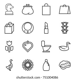 thin line icon set : chess horse, purse, shopping bag, necklace, lipstick, traffic light, perishable, heart pendant, toilet, goose, flower, cleanser, sponge with foam