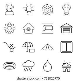 thin line icon set : chess horse, chip, around gear, bulb brain, round, wireless home, nano tube, garage, do not trolley sign, insurance, tent, power switch, inflatable pool, rain cloud, drop