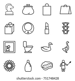 thin line icon set : chess horse, purse, shopping bag, necklace, lipstick, traffic light, flower in window, toilet, goose, cleanser, sponge with foam, woman duster