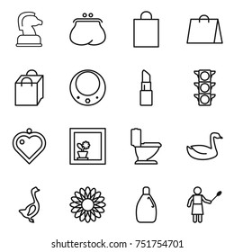 thin line icon set : chess horse, purse, shopping bag, necklace, lipstick, traffic light, heart pendant, flower in window, toilet, goose, cleanser, woman with duster