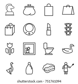 thin line icon set : chess horse, purse, shopping bag, necklace, lipstick, traffic light, perishable, flower in window, toilet, goose, cleanser, sponge with foam, woman duster