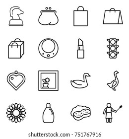 thin line icon set : chess horse, purse, shopping bag, necklace, lipstick, traffic light, heart pendant, flower in window, goose, cleanser, sponge with foam, woman duster