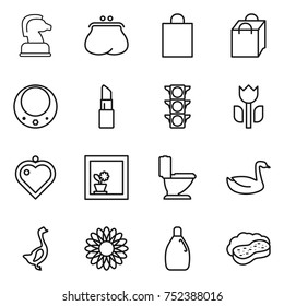 thin line icon set : chess horse, purse, shopping bag, necklace, lipstick, traffic light, perishable, heart pendant, flower in window, toilet, goose, cleanser, sponge with foam