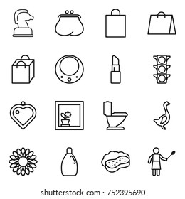 thin line icon set : chess horse, purse, shopping bag, necklace, lipstick, traffic light, heart pendant, flower in window, toilet, goose, cleanser, sponge with foam, woman duster