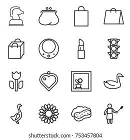 thin line icon set : chess horse, purse, shopping bag, necklace, lipstick, traffic light, perishable, heart pendant, flower in window, goose, sponge with foam, woman duster