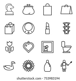 thin line icon set : chess horse, purse, shopping bag, necklace, lipstick, traffic light, perishable, heart pendant, flower in window, toilet, goose, cleanser, woman with duster
