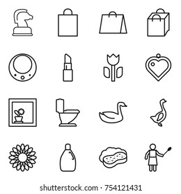 thin line icon set : chess horse, shopping bag, necklace, lipstick, perishable, heart pendant, flower in window, toilet, goose, cleanser, sponge with foam, woman duster