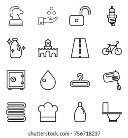Thin line icon set : chess horse, chemical industry, unlock, spark plug, cleanser, fort, road, bike, safe, drop, hanger, mixer, towels, cook hat, toilet