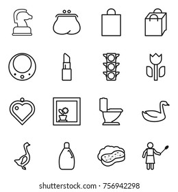 Thin line icon set : chess horse, purse, shopping bag, necklace, lipstick, traffic light, perishable, heart pendant, flower in window, toilet, goose, cleanser, sponge with foam, woman duster