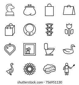 Thin line icon set : chess horse, purse, shopping bag, necklace, traffic light, perishable, heart pendant, flower in window, toilet, goose, sponge with foam, woman duster