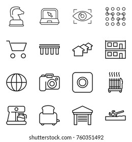 Thin line icon set : chess horse, notebook, eye identity, chip, cart, bridge, houses, modular house, globe, camera, ring button, radiator, coffee maker, toaster, garage, soil cutter
