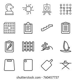 Thin line icon set : chess horse, chip, presentation, cpu, clipboard, stairs, pen, pallet, surfer, windsurfing, cutting board, iron
