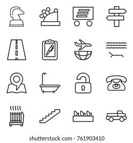 Thin line icon set : chess horse, cashbox, delivery, singlepost, road, clipboard pen, plane shipping, lounger, map, bath, unlocked, phone, radiator, stairs, seedling, pickup