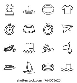 Thin line icon set : chess horse, target, smart bracelet, t shirt, stopwatch, stadium, deltaplane, motorcycle, pool, surfer, golf, yacht, windsurfing, inflatable