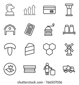 Thin line icon set : chess horse, graph up, credit card, airport tower, barn, inflatable mattress, hand mill, salt pepper, mushroom, cake, honeycombs, windmill, ecology, sponge, garbage bin