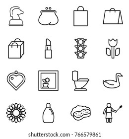 Thin line icon set : chess horse, purse, shopping bag, lipstick, traffic light, perishable, heart pendant, flower in window, toilet, goose, cleanser, sponge with foam, woman duster