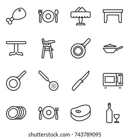 thin line icon set : chicken leg, cafe, restaurant, table, Chair for babies, pan, skimmer, knife, microwave oven, plates, fork spoon plate, steake, wine