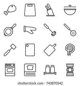 thin line icon set : chicken leg, cutting board, stands for knives, cauldron, pan, cook glove, whisk, skimmer, meat hammer, elecric oven, cooking book, salt pepper, pasta