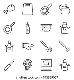 thin line icon set : chicken leg, cutting board, pan, steam, vegetable oil, colander, apron, cook glove, skimmer, big fork, knife, elecric oven, cooking book