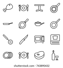thin line icon set : chicken leg, cafe, table, pan, skimmer, knife, microwave oven, cooking book, plates, fork spoon plate, steake, wine