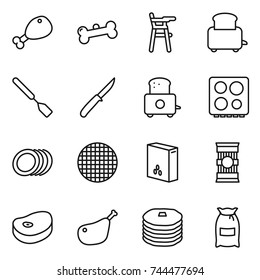 thin line icon set : chicken leg, bone, Chair for babies, toaster, spatula, knife, hob, plates, sieve, cereals, pasta, steake, pancakes, flour