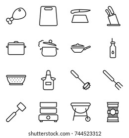 thin line icon set : chicken leg, cutting board, stands for knives, pan, steam, vegetable oil, colander, apron, whisk, big fork, meat hammer, double boiler, bbq, pasta