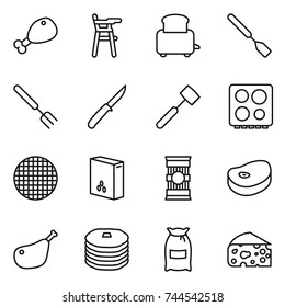 thin line icon set : chicken leg, Chair for babies, toaster, spatula, big fork, knife, meat hammer, hob, sieve, cereals, pasta, steake, pancakes, flour, cheese
