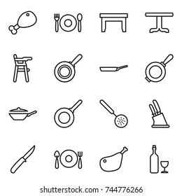 thin line icon set : chicken leg, cafe, table, Chair for babies, pan, skimmer, knife holder, fork spoon plate, wine