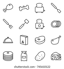 thin line icon set : chicken leg, bone, toaster, spatula, big fork, meat hammer, plates, meal cap, cereals, steake, pancakes, flour, potato, cheese