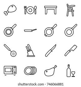 thin line icon set : chicken leg, cafe, table, Chair for babies, pan, skimmer, knife holder, chef, microwave oven, plates, wine