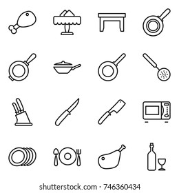 thin line icon set : chicken leg, restaurant, table, pan, skimmer, knife holder, chef, microwave oven, plates, fork spoon plate, wine