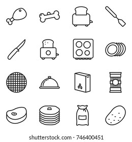 thin line icon set : chicken leg, bone, toaster, spatula, knife, hob, plates, sieve, meal cap, cereals, pasta, steake, pancakes, flour, potato