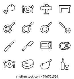 thin line icon set : chicken leg, cafe, restaurant, table, pan, skimmer, knife, chef, microwave oven, plates, fork spoon plate, steake, wine