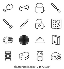 thin line icon set : chicken leg, bone, toaster, spatula, big fork, knife, hob, plates, sieve, meal cap, cereals, pasta, steake, flour, cheese
