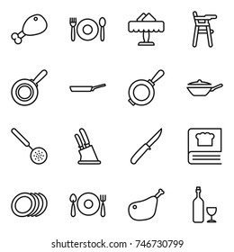 thin line icon set : chicken leg, cafe, restaurant, Chair for babies, pan, skimmer, knife holder, cooking book, plates, fork spoon plate, wine