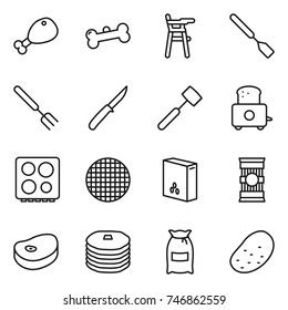 thin line icon set : chicken leg, bone, Chair for babies, spatula, big fork, knife, meat hammer, toaster, hob, sieve, cereals, pasta, steake, pancakes, flour, potato