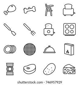 thin line icon set : chicken leg, bone, Chair for babies, toaster, spatula, big fork, hob, plates, sieve, meal cap, cereals, pasta, steake, potato, cheese