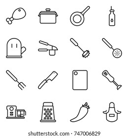 thin line icon set : chicken leg, pan, vegetable oil, cook glove, garlic clasp, whisk, skimmer, big fork, chef knife, cutting board, blender, food processor, grater, hot pepper, apron